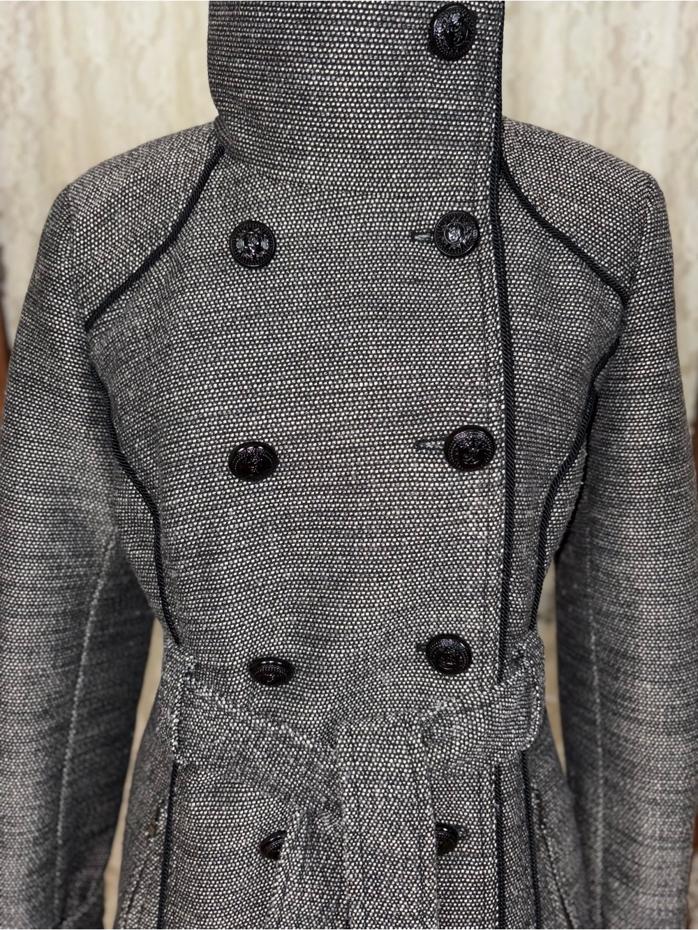 Beautiful Guess Women's Charcoal Gray Tweed Double-Breasted Trench Coat - Picture 2 of 6